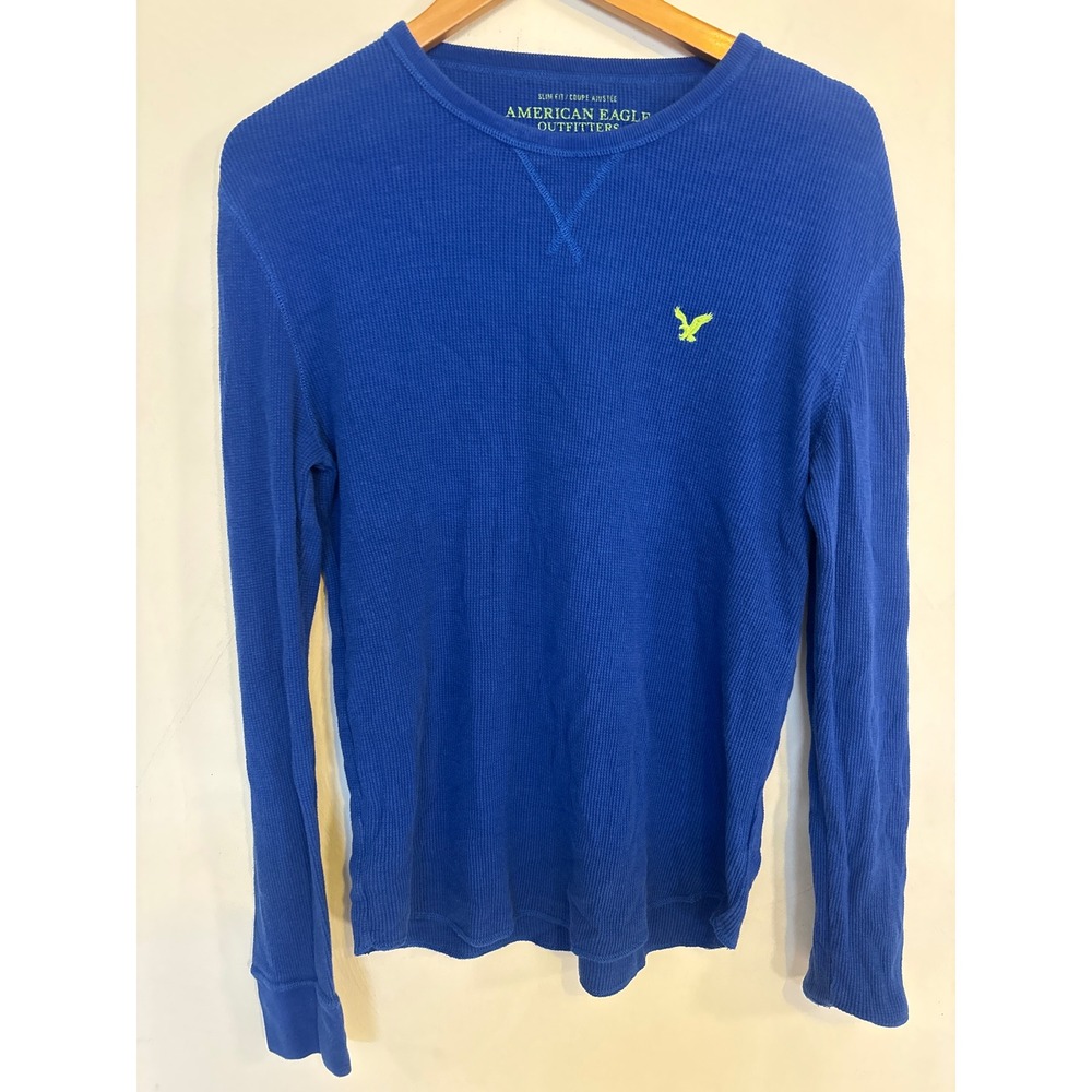 American Eagle Mens Blue Waffle Knit Thermal Long Sleeve Slim Fit Shirt Medium